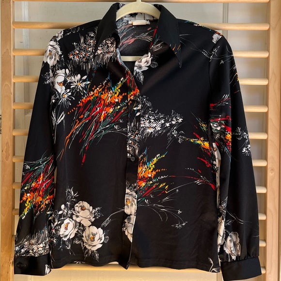 Vintage 70s Disco Dagger Collar Polyester Rainbow Floral Button Down Shirt - Picture 1 of 6